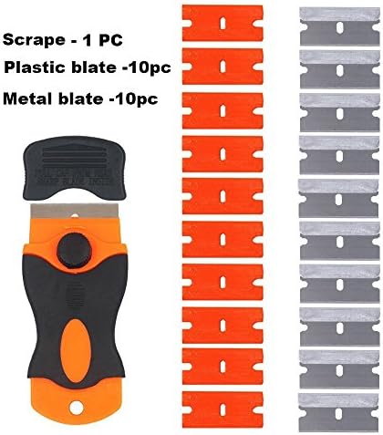 Mini Razor Scraper for Removing Glue Residue with 10pcs Plastic Safety Blades and 10pcs Carbon Steel Blades (20PC)