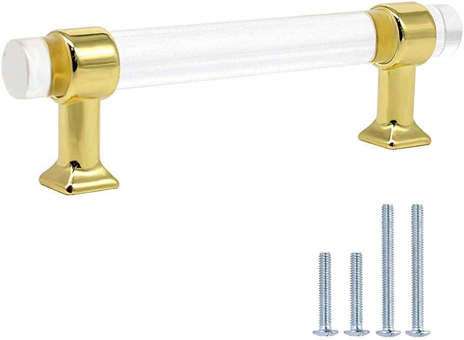 Goldentimehardware 6Pack |3-1/2''Gold Acrylic Drawer Handle Glass Cabinet Pull,Kitchen Cabinet Handle Acrylic Drawer Pull Polished Brass Lucite Cabinet Pull