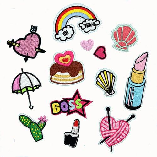 13pcs/lot Cloth Patches Garment Applique DIY Decoration Accessories Iron On Embroidered Patch Set- Vivid Colorful Rainbow Love Heart Lipstick Cupcake Umbrella Giant Cactus Seashell Patch