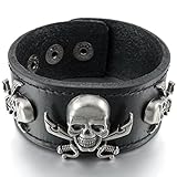 INBLUE Men's Alloy Genuine Leather Bracelet Bangle Cuff Silver Tone Black Brown Pirate Skull Adjustable