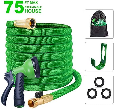 slendor Expandable Garden Hose 3/4" Solid Brass Fitting - Expanding Water Hose with Hanger Hook 8 Pattern Spray Nozzle, Extra Strength Textile Hose Shut Off Valve