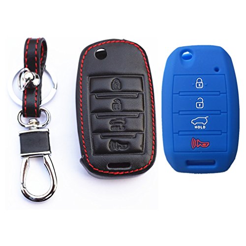 MJKEY 1x Genuine Leather 1x Blue Silicone Rubber Key Fob Protective 4 Buttons Smart Remote Key Fob Holder Key Case Cover For 2014 2015 KIA Sorento Forte Rio Soul Optima Sportage TQ8-RKE-3F05 OSLOKA-87