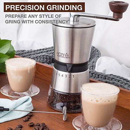 Eparé Manual Coffee Grinder – Conical Ceramic Burr – Portable Hand Crank Mill- 15 Adjustable Settings - Stainless Steel
