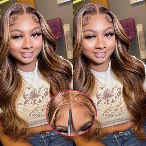 bunGiol 34 Inch Body Wave Wear And Go Glueless Wigs Human Hair Pre Plucked Pre Cut 5x5 Hd Lace Closure Wigs Human Hair Honey Blonde Highlight No Glue Wigs For Women 180% Density Beginner Friendly