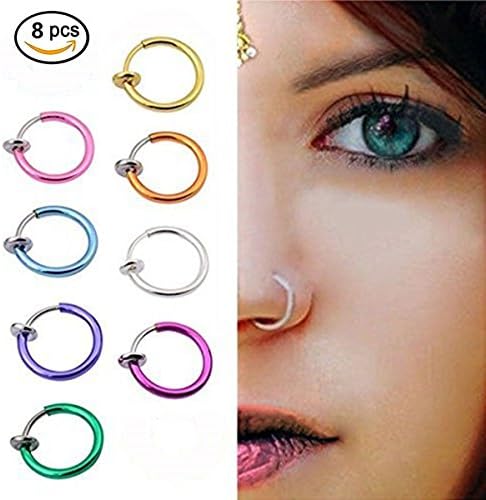 Teanfa 8pcs Punk Clip on Fake Nose Assorted Body Jewelry Lip Hoop Rings Earrings Body Piercing(Color Random)