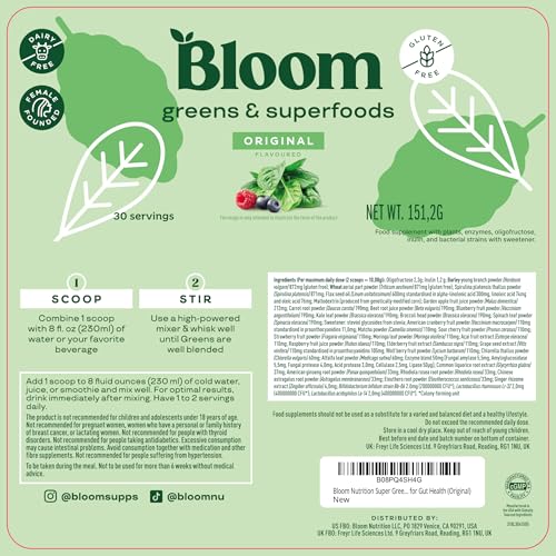 BLOOM NUTRITION SUPERFOOD GREENS POWDER, DIGESTIVE ENZYMES WITH PROBIOTICS AND PREBIOTICS, GUT HEALTH, BLOATING RELIEF FOR WOMEN, CHLORELLA, GREEN JUICE MIX WITH BEET ROOT POWDER, 30 SVG, ORIGINAL