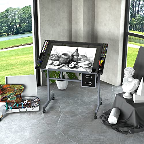 ZENY Adjustable Drafting Table, Glass Art Table Artist Drawing Desk