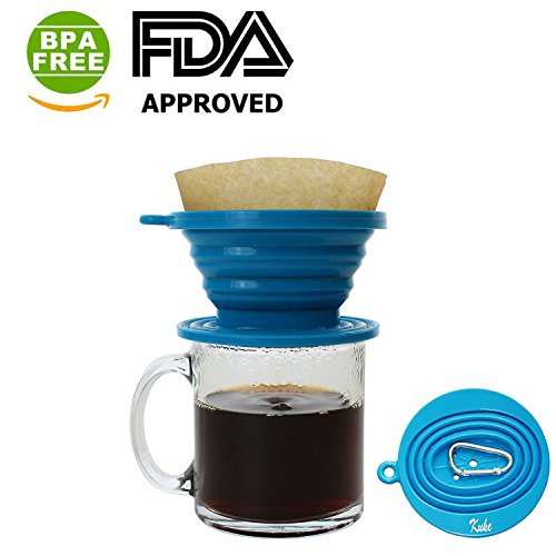 Click Here to See More Images Kuke Reusable Silicone Coffee Dripper with Hook,Collapsible Coffee Filter Holder, Food Grade Tea Filter Cone (Blue)