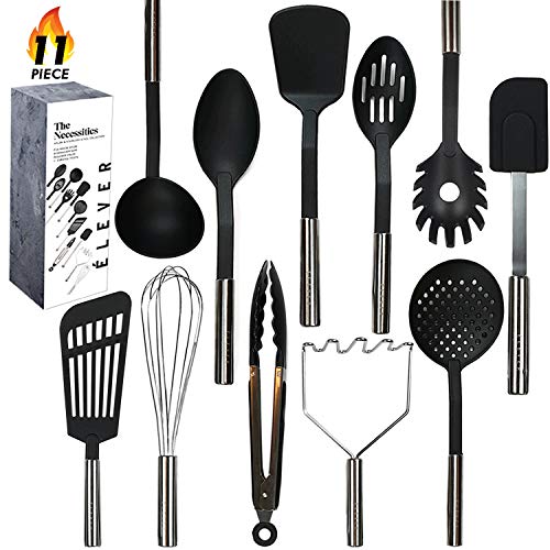 Kitchen Utensil Set - 11 Kitchen Gadgets & Cooking Utensils. Stainless Steel Kitchen Utensils for Nonstick Cookware. Spatula Set, kitchen tongs, potato masher set, Apartment Essentials Gifts - ÉLEVER