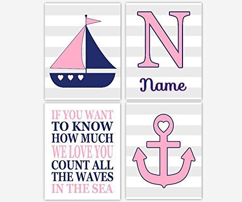 Nautical Baby Girl Nursery Decor Pink Navy Blue Gray Grey Sailboat Anchor Love Waves Sea Personalized Name Art Nautical Baby Nursery Decor Prints SET OF 4 UNFRAMED PRINTS