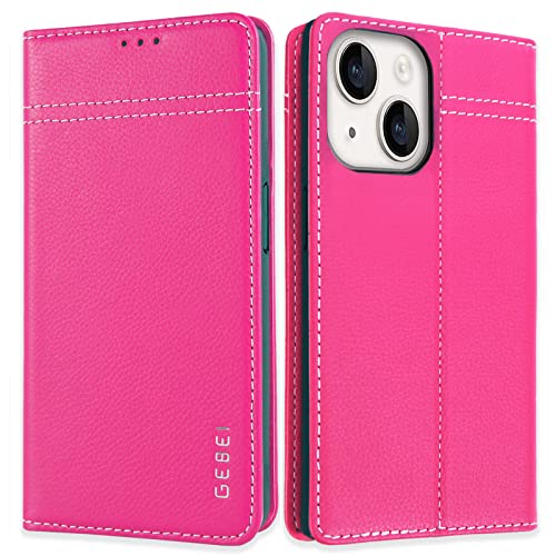 Gebei Hülle Echt Leder für iPhone 14 Plus (6,7")- Premium Echte Lederhülle mit Standfunktion Kartenfach Magnetverschluss Flip Case Ledertasche Handyhü
