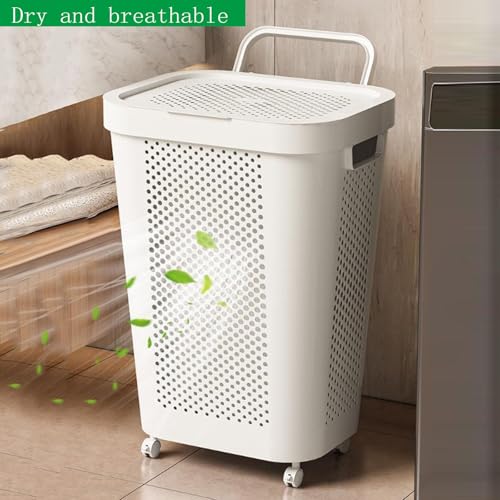 SLEEPHEAD®Laundry Basket with Wheels, Hand-Held Laundry Basket with Lid, Plastic Laundry Hamper Storage Bucket with Mini Basket, for Kitchen Bedroom Bathroom Closet(White) (white)