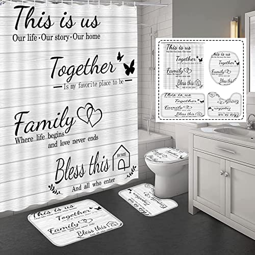 juwute 4Pcs Family Shower Curtain Sets with Non-Slip Rugs, Toilet Lid Cover and Bath Mat, White Home Bathroom Decor Set Accessories Waterproof Shower Curtains with 12 Hooks, 72 x 72 Inch