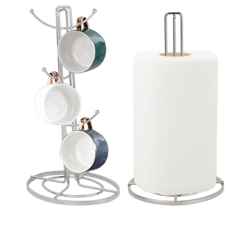 Royal Cuisine set of 6 cup mug tree stand and linear kitchen roll/paper towels holder stainless steel - coffee tea cups mugs draining rack|kitchen storage accessories (Silver)