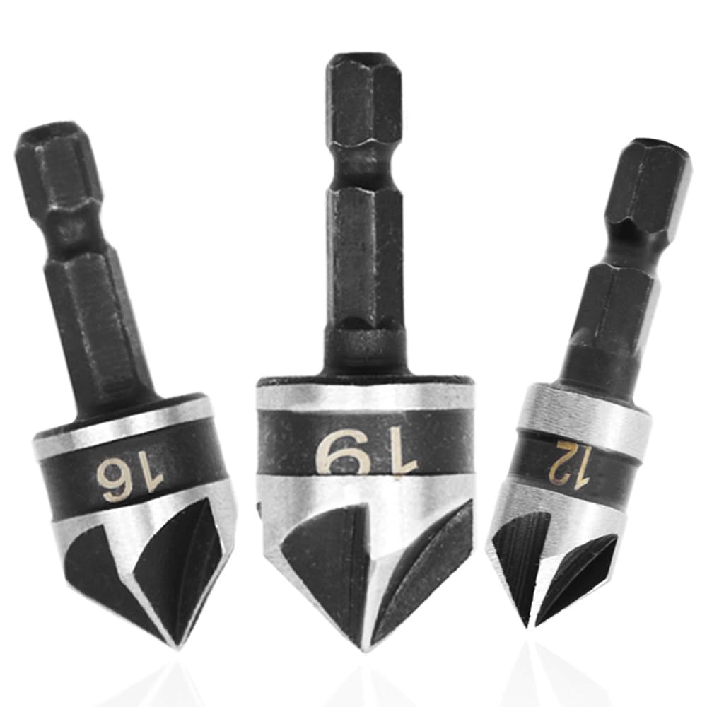 GOSHUNG 3PCS 1/4 Inch Shank Countersink Drill Bit Hex Shank Woodworking Countersink Bits 5 Flute 90 Degree Chamfering Countersink Drill Bit Set for Wood Metal Plastic Chamfering(K/Black/12,16,19mm)