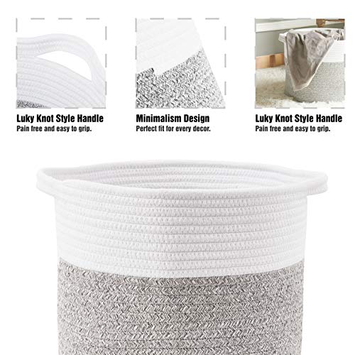 HITSLAM Woven Rope Basket with Handles, Collapsible Laundry Basket, Cotton Storage Basket for Towels Blanket Toys (Gray) - M - Thumbnail 2