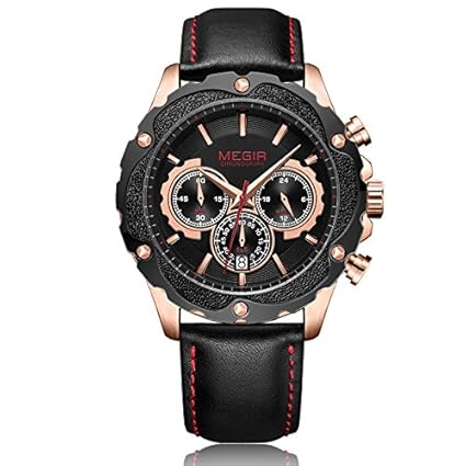 MEGIR Golden Black Stopwatch Chronograph Leather Strap with Date Display 2070