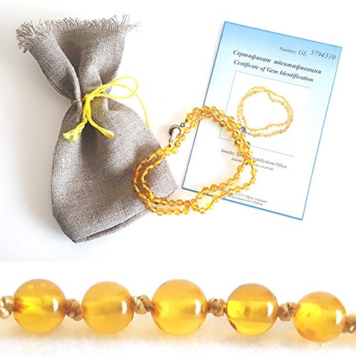 Baltic Amber Necklace for Adults Round Beads (Unisex, All Sizes) Certificate, Gift Paunch - Headache, Migraine, Sinus, Arthritis, Carpal Tunnel, Nursing Pain Relief