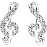 Dainty Music Note Tiny CZ Stud Earrings 925 Sterling Silver Crystal Rhinestone Treble Clef Cartilage Hypoallergenic Piercing Studs Earring Cute Musician Music Lover Jewelry Gifts for Women BFF