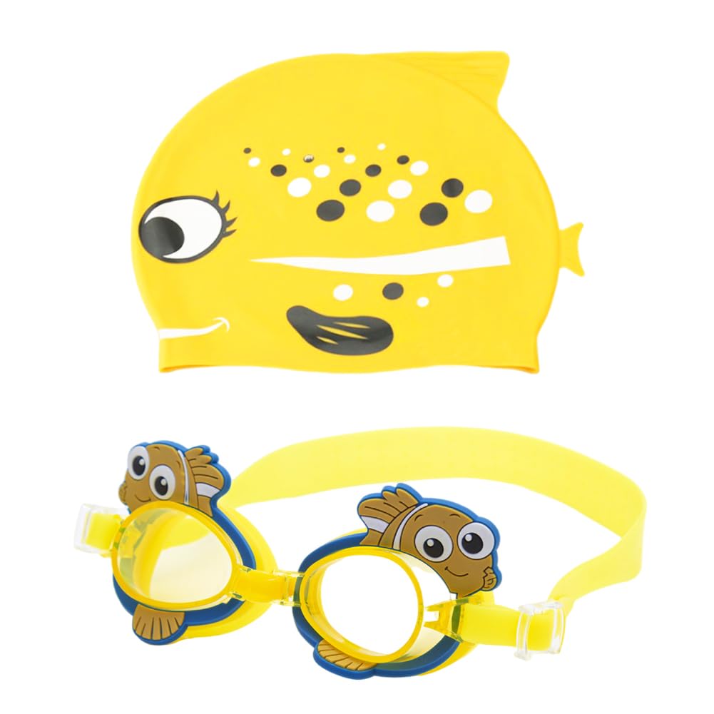 Kids Swimming Cap Set 2pcs Swim Glasses Waterproof Swimming Hat, Adjustable Toddler Swim Hat Kids UV Protection Anti Fog Swim Glasses for Children Teens, 3-14 Years Old