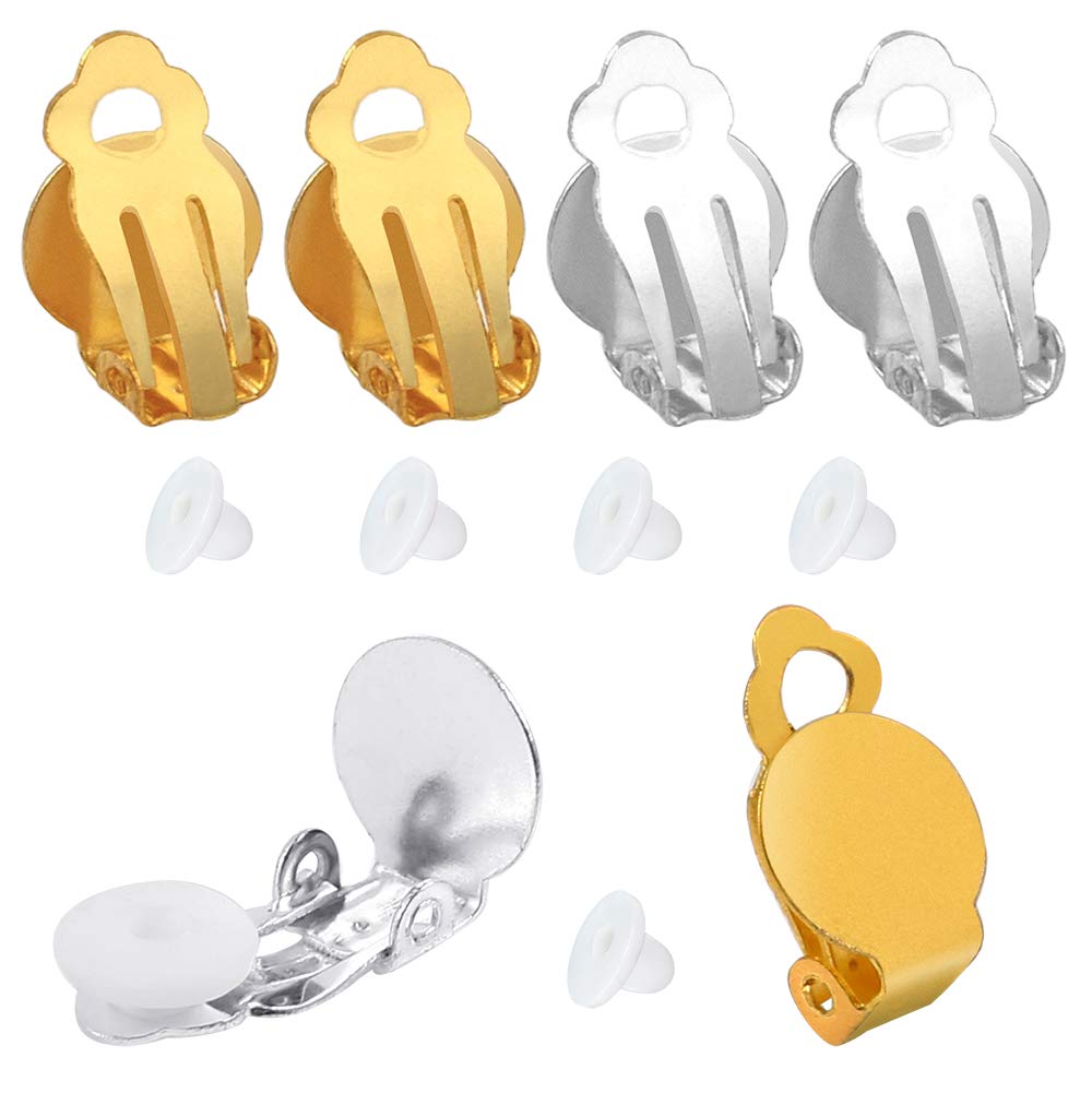 PP OPOUNT 96 Pieces Round Flat Back Tray Earring Clips and Pads for Non-Pierced Ears, Silver and Gold, 16 x 10 mm