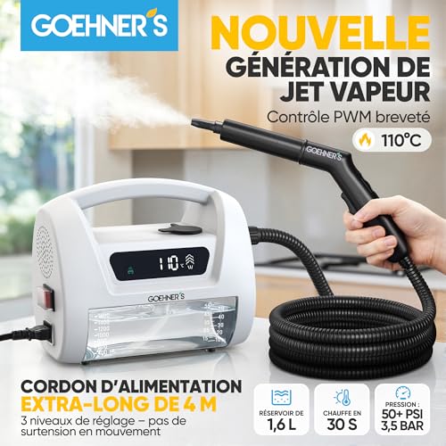 Portable High Pressure Steam Cleaner, 110°C/3.5Bar Steam Device for Home, Fast Heating 30s with 3 Steam Levels, Suitable for Tiles, Kitchen, Bathroom and Car, White