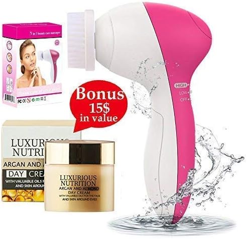 Cleanse Your Skin Deeply with 5 in 1 Multifunction Electric Facial Cleansing Brush Massage Anti Aging Derma Face Scrubber Acne Blackhead Remover Clogged Pores Cleaner + European Facial Cream + E-Book