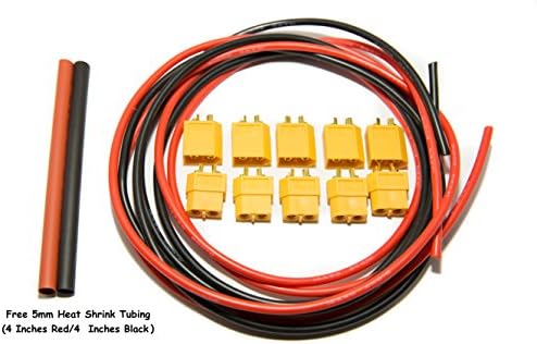 CTINAW HOBBY 14 AWG Silicone Wire 10 Feet (5 ft Black-5 ft Red) and 5 Pairs(10pcs) XT-60 XT60 Male Female Bullet Connectors Plugs- FREE 5mm heat shrink tubing (4 inches Red/4 inches Black)