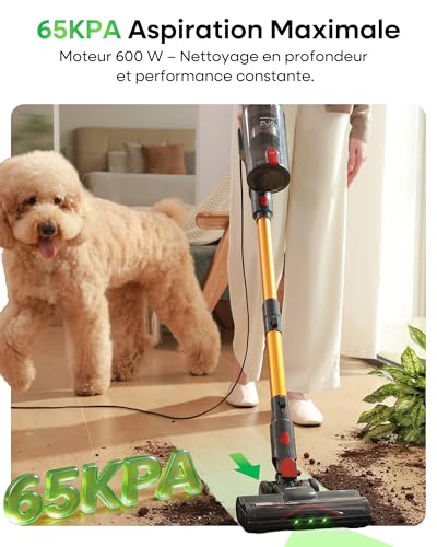FV2 Aspirateur Balai avec Fil, 65Kpa/600W Aspirateur sans Sac Puissant, Brosse Matelas, 1,3KG Léger, Câble 7M, 1,5L, Brosse Anti-Enroulement & Autoportante pour Tapis, Sols, Poils d’Animaux