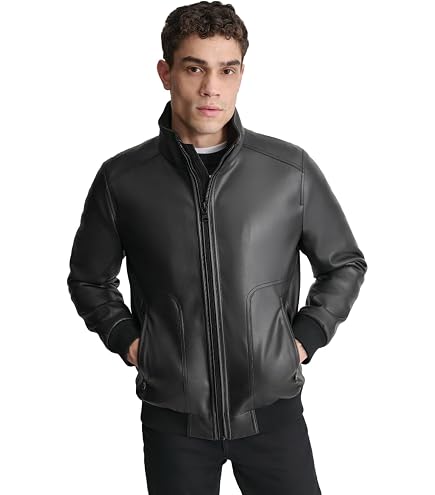DKNY Men's Genuine Leather Motorcycle Jacket, Black, Large at