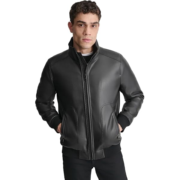 DKNY Men's Faux Leather Classic Laydown Collar Bomber Jacket