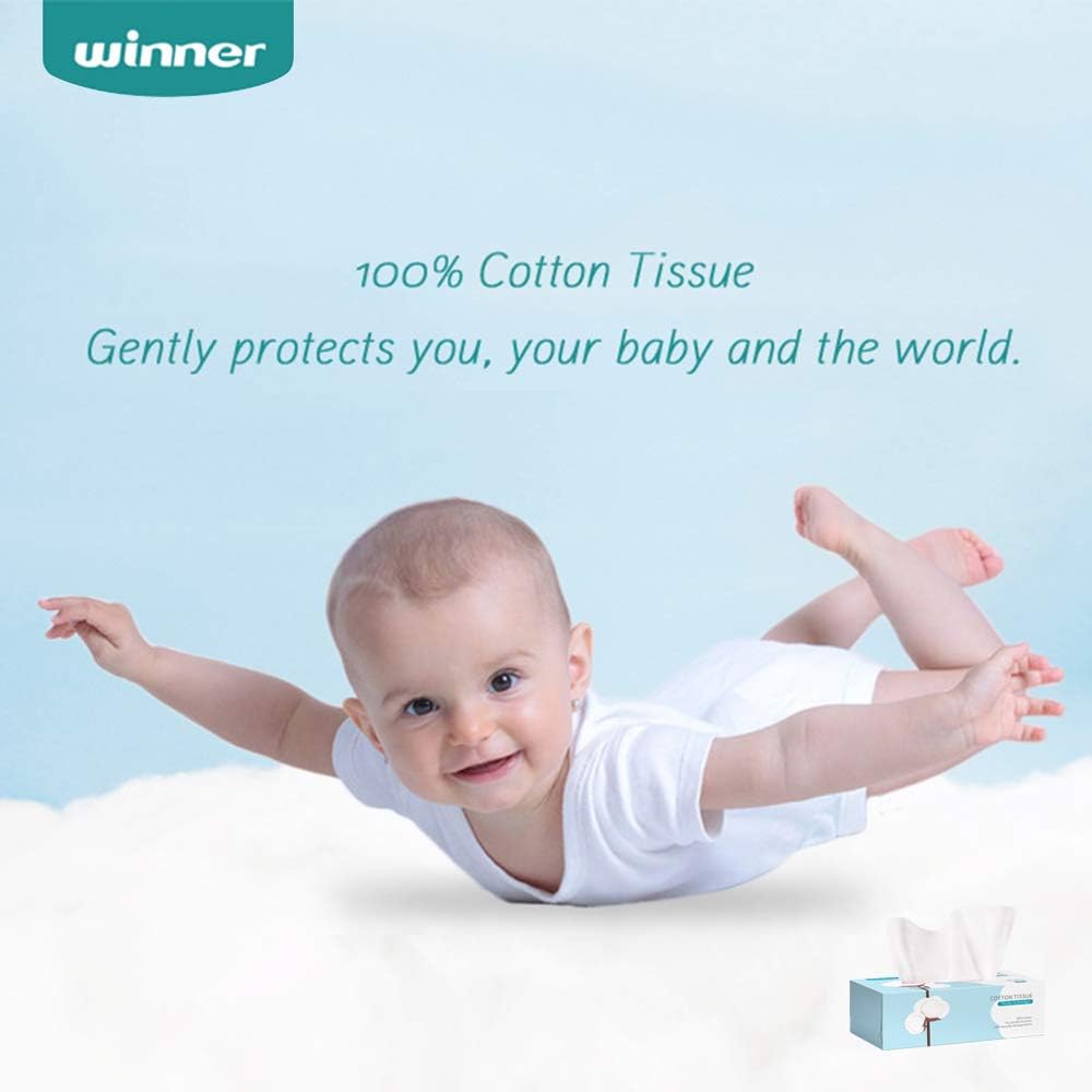 Winner Cotton Facial Tissue, Soft Baby Dry Wipe, Wet and Dry Use, Made of Pure Cotton, Lint-Free Unscented Disposable Tissue for Sensitive Skin (100 Count): Health & Personal Care