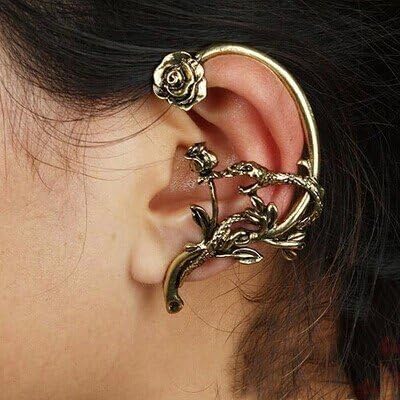 Gothic Bronzetoned Punk Vintage Gothic Rose Ear Cuff, For Left Ear, Pierced Ear Hook Clip with Snake, For Women, Jewelry Accessories