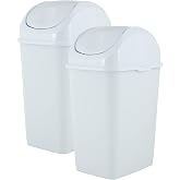 Superio Small Plastic Trash Can with Swing Top Lid, Compact Slim Waste Bin for Under Desk, Office, Bedroom, Bathroom, Dorm Room, 10 Qt. Portable Garbage Can 2.5 Gallon (White, 2 Pack)