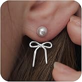 HEVOCY 14K Gold Pearl Bow Earrings for Women: Trendy Bow Earring Dainty Drop Pearl Hypoallergenic Studs Dangle Earrings Jewelry Gifts