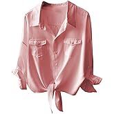 Womens Button Down V Neck Shirts 3/4 Sleeve Tie Front Loose Office Business Shirt Blouse Summer Casual Tops