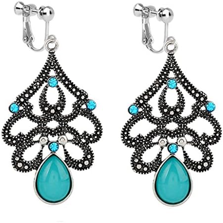 Usresu Vintage Clip on Earrings Waterdrop Dangle Tassels Created Cat Eye Stone Blue Lovers Proms