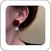 Erimberate Bohemian Camellia Pearl Dangle Earrings Red Rose Pearl Drop Earrings Velvet Camellia Stud Earrings Retro Round Pearl Earrings Jewelry for Women Gifts