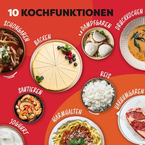 Pro 10-in-1-Elektro-Multikocher 1200 W, 5,7 L – Schnellkochtopf, Schongarer, Reiskocher, Dampfgarer, Sautierpfanne, Sterilisator, Joghurtbereiter, Sous Vide Gerät – Schwarzer Edelstahl