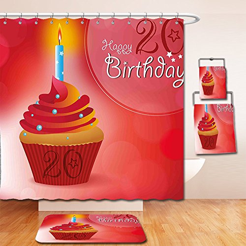 Click Here to See More Images Nalahome Bath Suit: Showercurtain Bathrug Bathtowel Handtowel 20th Birthday Decorations Sweet 20 Birthday Party Cupcake with Beams Backdrop Vermilion Pink and Red