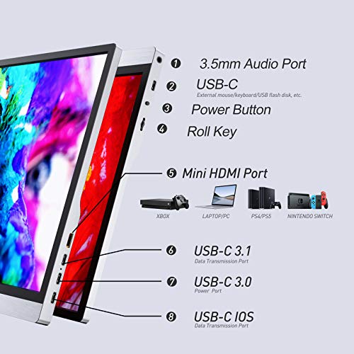 Portable Monitor - 15.6 Inch Portable Screen 1920×1080 Full HD IPS with USB-C/Type-C/Mini HDMI Suitable for Laptop, PC, MacBook Pro, Xbox, PS4, iPhone Series and Smart Phone with Type-C Full Function