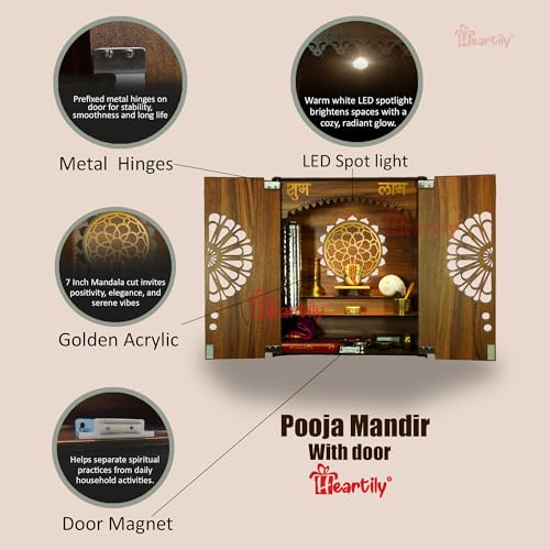 Heartily® Namah Beautiful Wooden Pooja Mandir with Door Temple for Home with Door Mandir for Home with LED Spot Light Product (18 Inch Height)