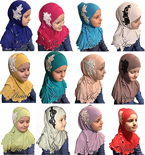 Children Girls Kid Muslim Hijab Islamic Scarf Headwear for 2-12 Years Cotton USA (Turquoise & White) - Thumbnail 6