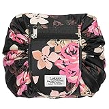 Drawstring Cosmetic Bag Lazy Travel Makeup Bag Floral Make Up Storage Organizer Cute Magic Toiletry Pouch for Women Girls,Portable/Large/Waterproof/Flat-Open/Quick Pack/Fashion Pattern,Black Peony