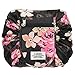 Drawstring Cosmetic Bag Lazy Travel Makeup Bag Floral Make Up Storage Organizer Cute Magic Toiletry Pouch for Women Girls,Portable/Large/Waterproof/Flat-Open/Quick Pack/Fashion Pattern,Black Peony