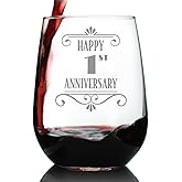 Bevvee Happy 1st Anniversary Stemless Wine Glass - Art Deco Gift for 1 Year Anniversary Decorations - Large 17 Ounce