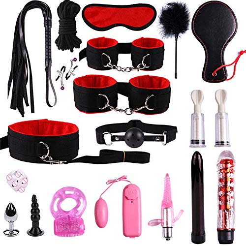 19 Piece Plush Bondage Restraints Set Kit for Bed and Under Bed Sex Play SM Bondage Toy Gear Wrist Cuffs Gags Collar Spanking Nipple Rope Strap On Harness for Women Couples Lesbian Female,Red