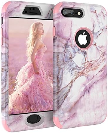 iPhone 8 Plus Case, iPhone 7 Plus Case, KAMII Marble Design Tri-Layer Hybrid Hard PC Covers Soft Rubber Bumper Protective Case for Apple iPhone 8 Plus/7 Plus 5.5inch (Pink &amp; Rose Gold)