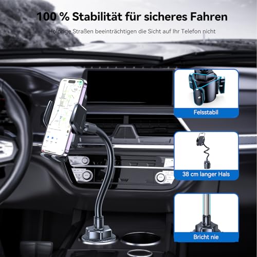 TECKNET Mobile Phone Holder for Car 2-in-1 - Car Mobile Phone Holder for Ventilation Holes & Cup Holder, Bendable Neck, 360° Rotation, One Button Release, 100% Scratch Protection for iPhone, Galaxy, All Smartphones