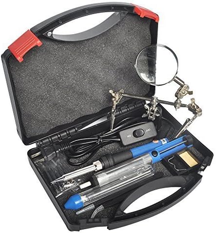 PYS Upgraded Soldering Iron Kit Helping Hand with Magnifying Glass, Carry Case, 60W Temp. Adjustable Soldering Gun, 5pcs Different Tips, Desoldering Pump, Solder Wire, Tweezers and Stand with Sponge